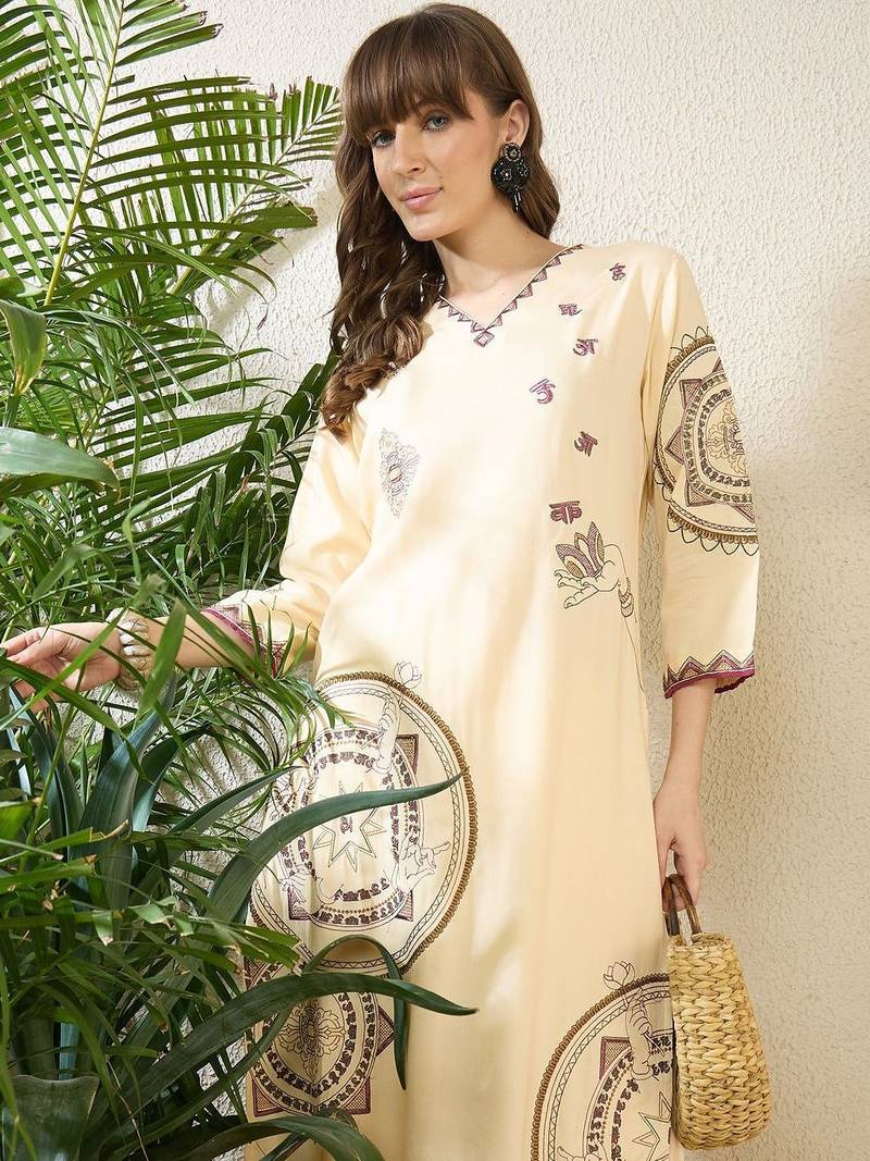 Floral Printed Thread Work Cotton Kurta With Palazzos