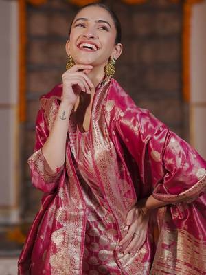 Women Solid Woven Design Kurta with Trousers & With Dupatta 2