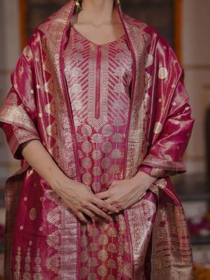 Women Solid Woven Design Kurta with Trousers & With Dupatta 3