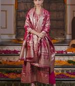 Women Solid Woven Design Kurta with Trousers & With Dupatta