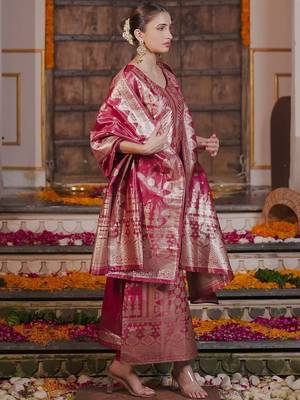 Women Solid Woven Design Kurta with Trousers & With Dupatta 4