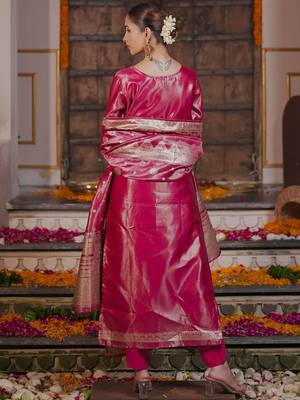 Women Solid Woven Design Kurta with Trousers & With Dupatta 5