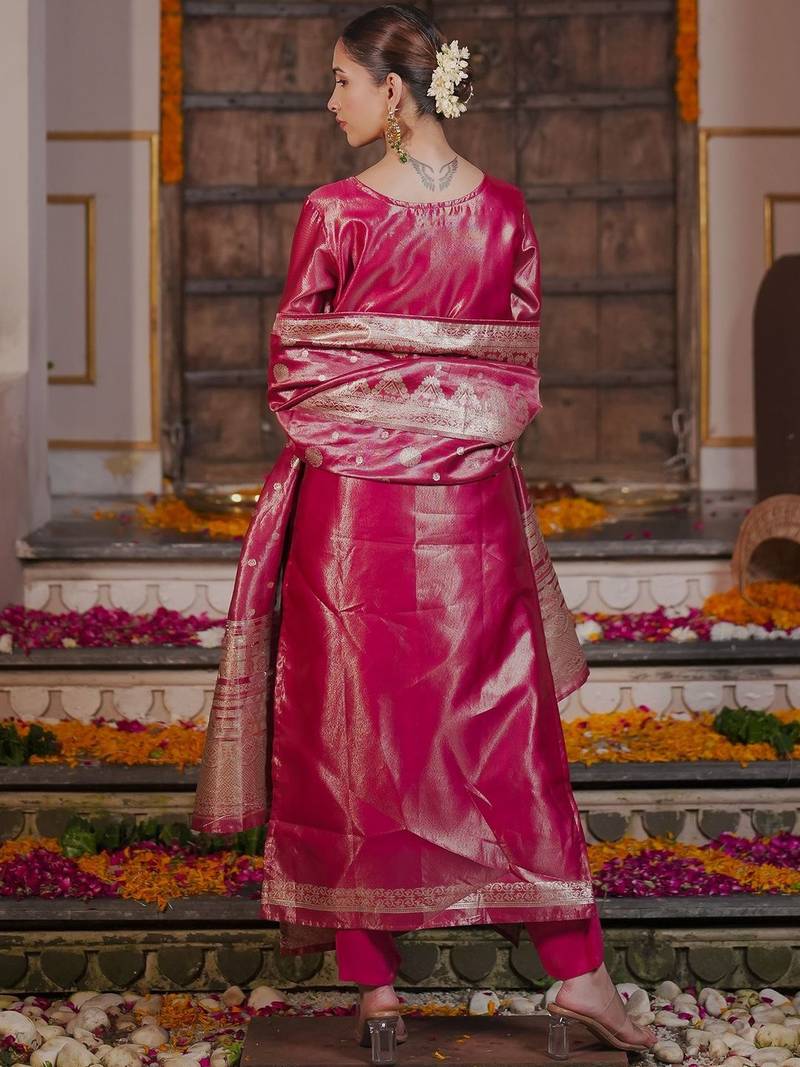 Women Solid Woven Design Kurta with Trousers & With Dupatta