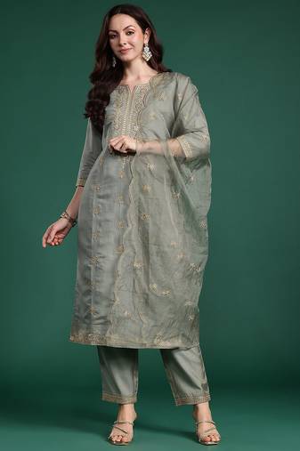 Women Ethnic Motifs Embroidered Kurta with Trousers & With Dupatta