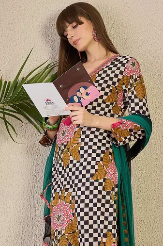 Adults-Women Checked Cotton Kurta with Trousers & Dupatta