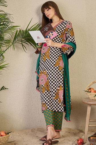 Adults-Women Checked Cotton Kurta with Trousers & Dupatta