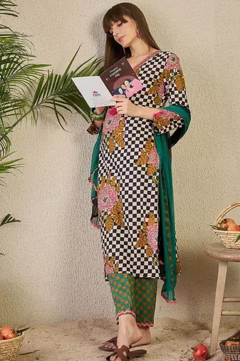 Adults-Women Checked Cotton Kurta with Trousers & Dupatta