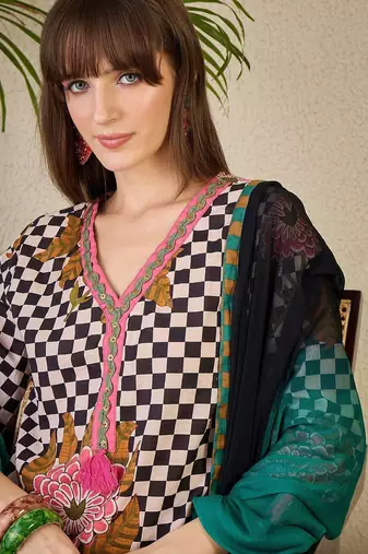 Adults-Women Checked Cotton Kurta with Trousers & Dupatta
