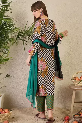 Adults-Women Checked Cotton Kurta with Trousers & Dupatta