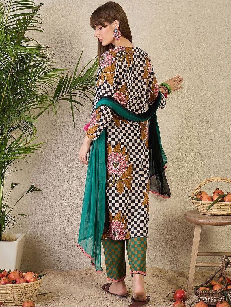 Adults-Women Checked Cotton Kurta with Trousers & Dupatta