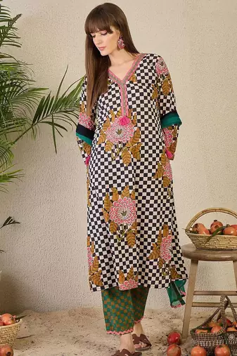 Adults-Women Checked Cotton Kurta with Trousers & Dupatta