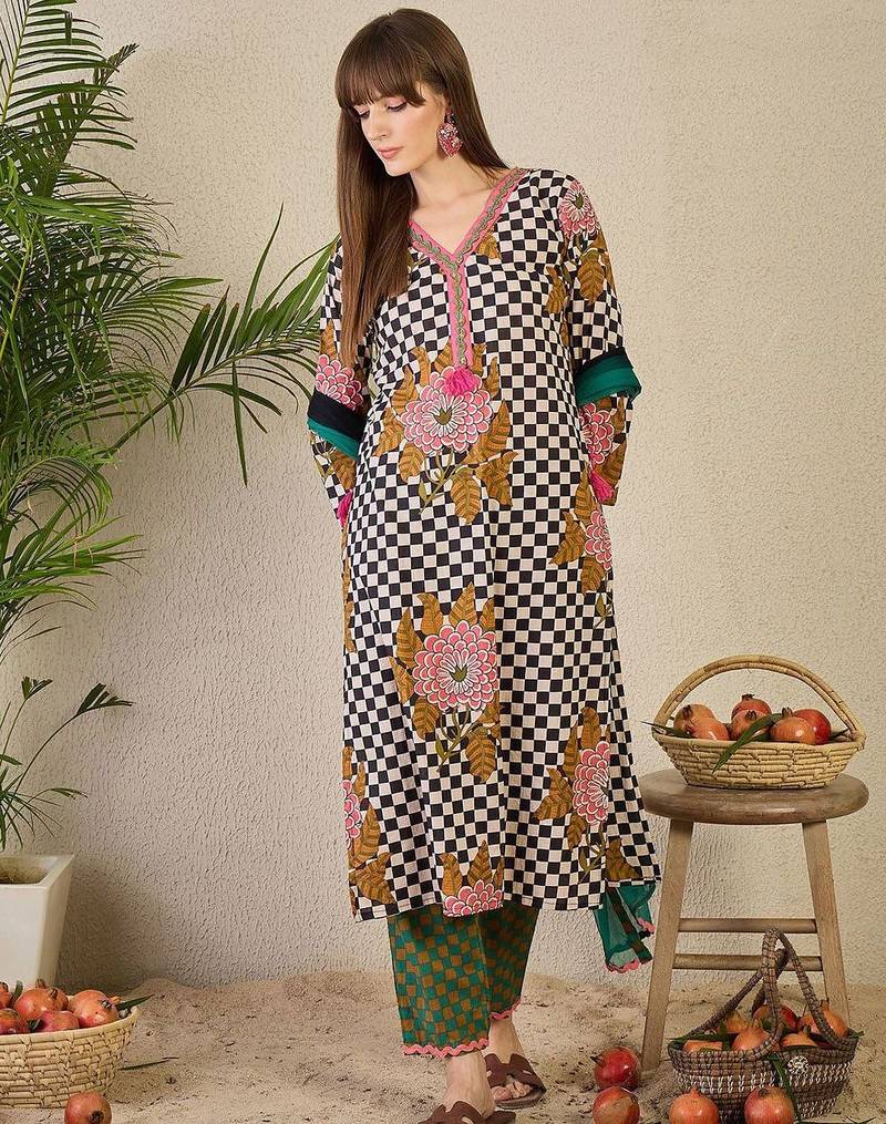 Adults-Women Checked Cotton Kurta with Trousers & Dupatta
