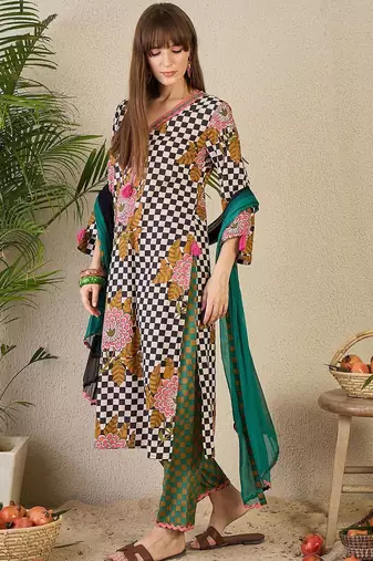 Adults-Women Checked Cotton Kurta with Trousers & Dupatta