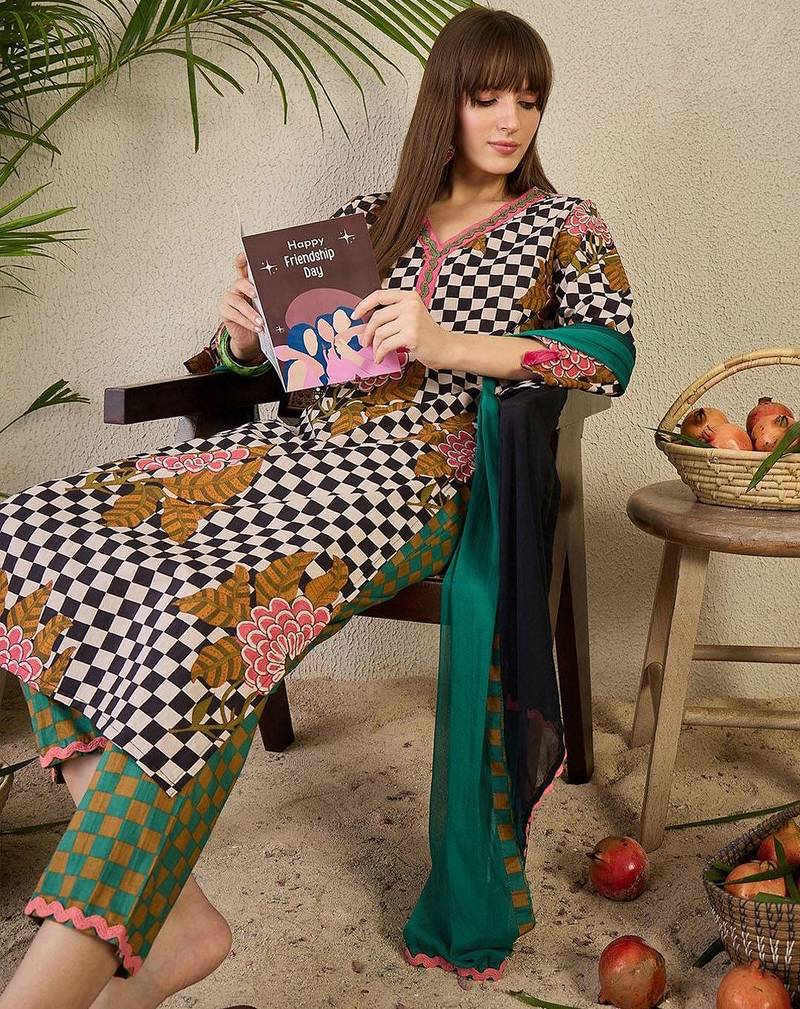 Adults-Women Checked Cotton Kurta with Trousers & Dupatta