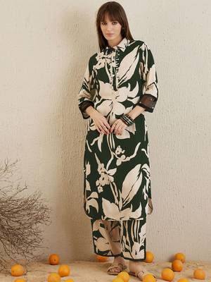 Floral Printed Shirt Collar Straight Kurta With Trousers 1