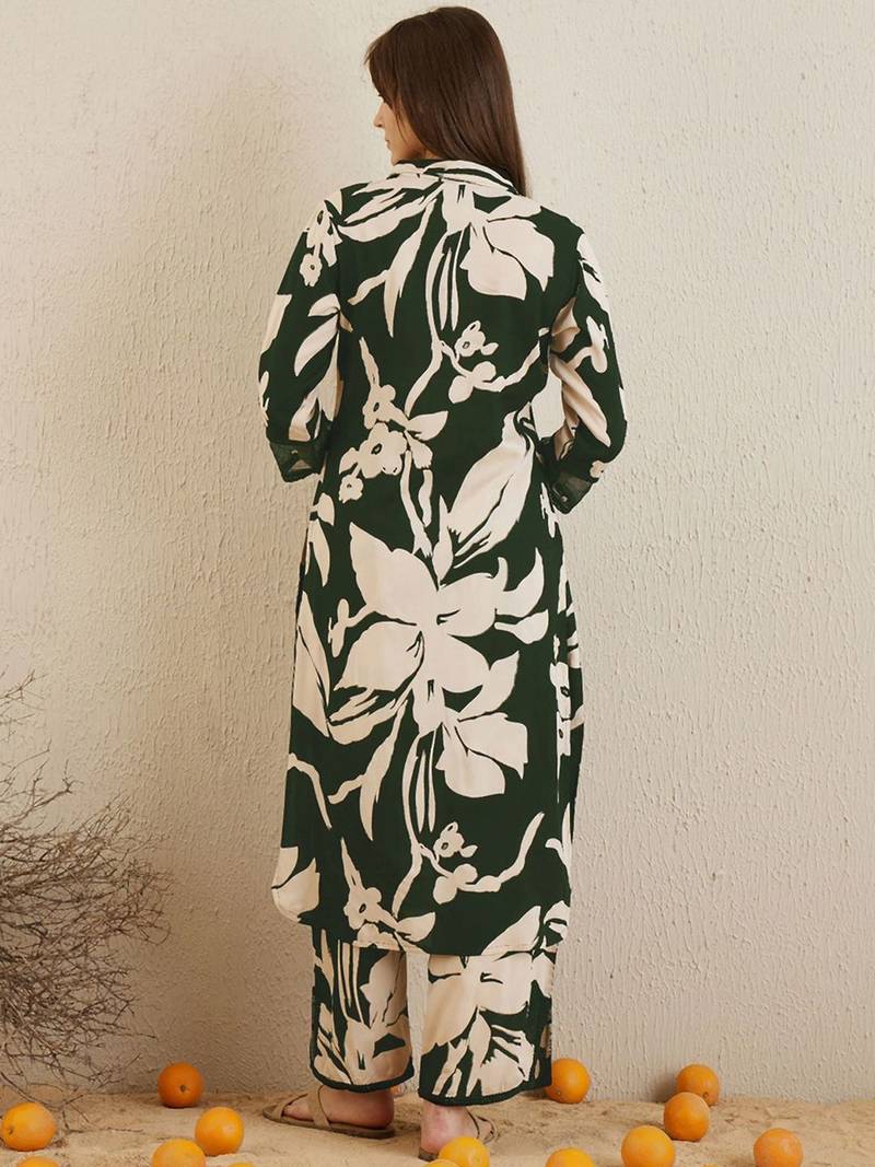 Floral Printed Shirt Collar Straight Kurta With Trousers