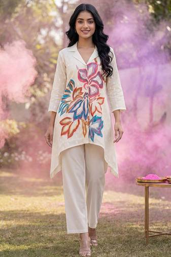 Floral Printed Shirt Collar A-Line Cotton Kurta With Trousers