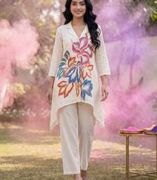 Floral Printed Shirt Collar A-Line Cotton Kurta With Trousers