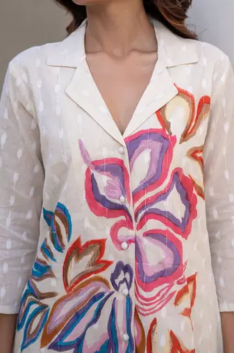 Floral Printed Shirt Collar A-Line Cotton Kurta With Trousers
