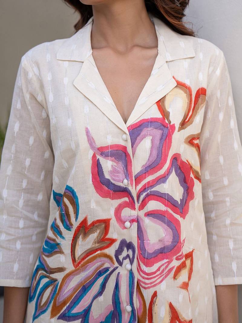 Floral Printed Shirt Collar A-Line Cotton Kurta With Trousers