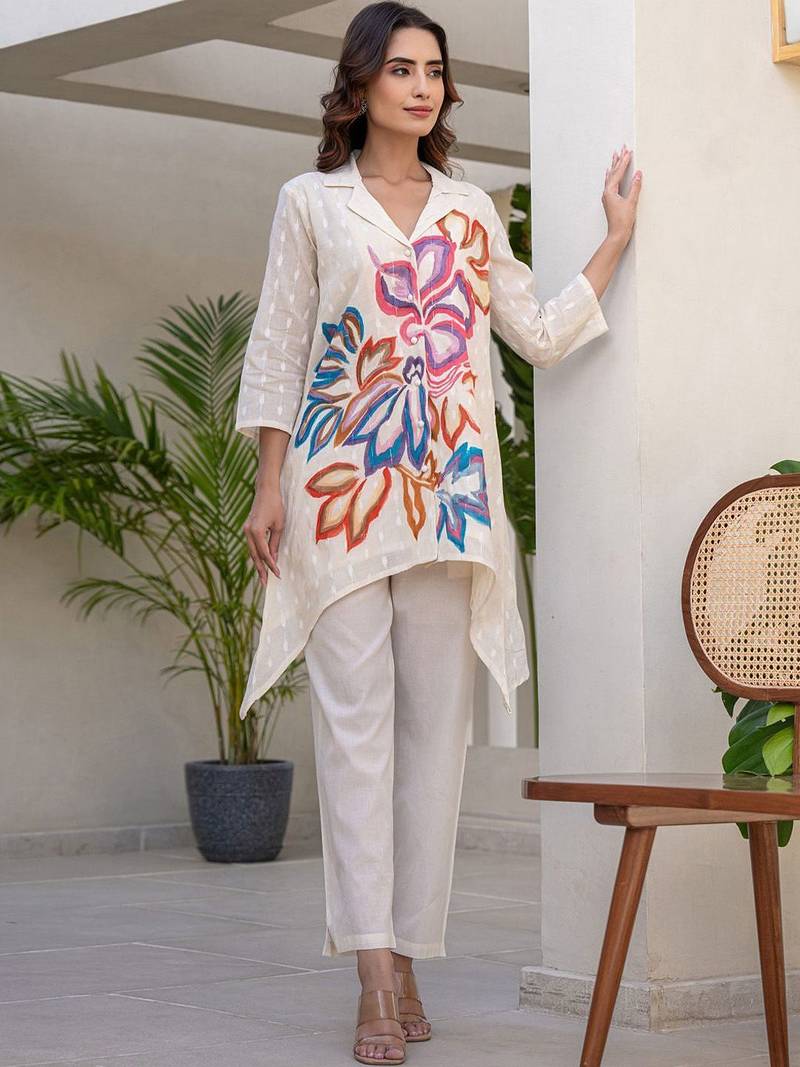 Floral Printed Shirt Collar A-Line Cotton Kurta With Trousers