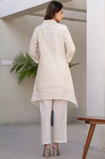 Floral Printed Shirt Collar A-Line Cotton Kurta With Trousers