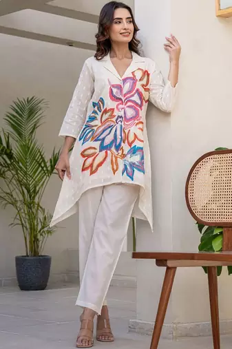 Floral Printed Shirt Collar A-Line Cotton Kurta With Trousers