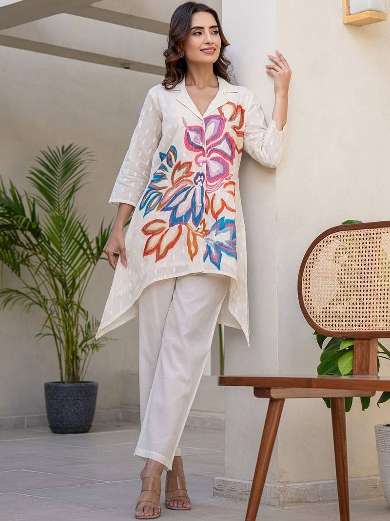 Floral Printed Shirt Collar A-Line Cotton Kurta With Trousers