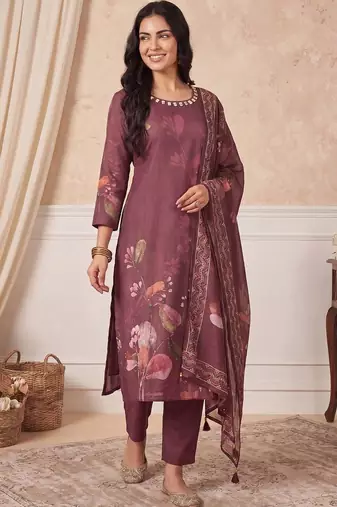 Women Floral Printed Linen Kurta with Trousers & With Dupatta