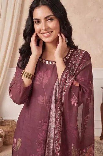 Women Floral Printed Linen Kurta with Trousers & With Dupatta