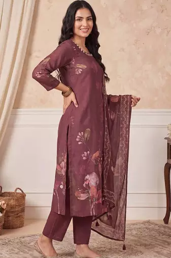 Women Floral Printed Linen Kurta with Trousers & With Dupatta