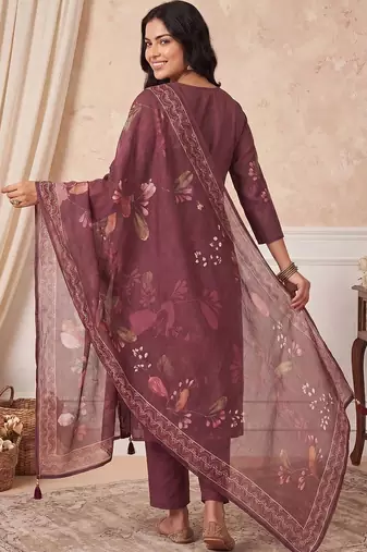 Women Floral Printed Linen Kurta with Trousers & With Dupatta