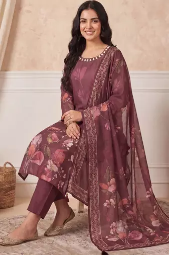 Women Floral Printed Linen Kurta with Trousers & With Dupatta