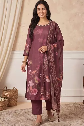 Women Floral Printed Linen Kurta with Trousers & With Dupatta