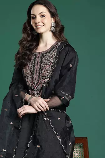 Ethnic Motifs Embroidered Cotton Kurta with Trousers & Dupatta