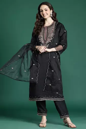 Ethnic Motifs Embroidered Cotton Kurta with Trousers & Dupatta