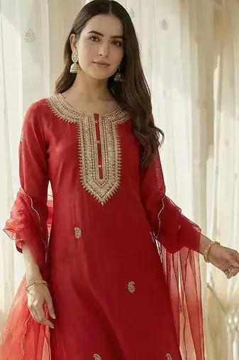 Women Ethnic Motifs Embroidered Kurta with Trousers & With Dupatta