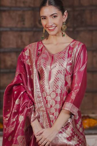 Ethnic Motifs Woven Design Straight Kurta with Trousers & With Dupatta