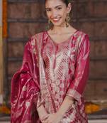 Ethnic Motifs Woven Design Straight Kurta with Trousers & With Dupatta