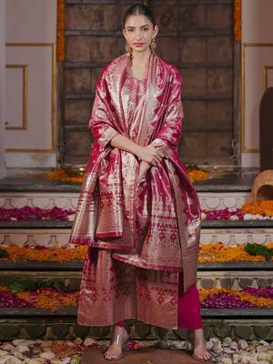 Ethnic Motifs Woven Design Straight Kurta with Trousers & With Dupatta 2