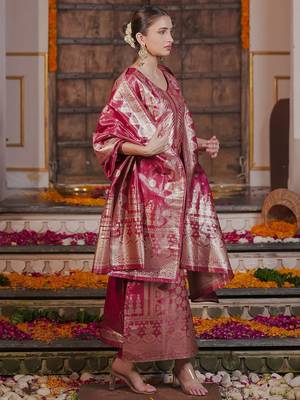 Ethnic Motifs Woven Design Straight Kurta with Trousers & With Dupatta 4