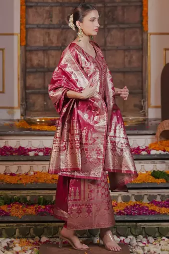 Ethnic Motifs Woven Design Straight Kurta with Trousers & With Dupatta