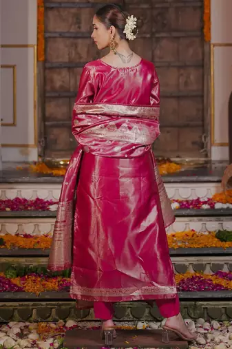 Ethnic Motifs Woven Design Straight Kurta with Trousers & With Dupatta