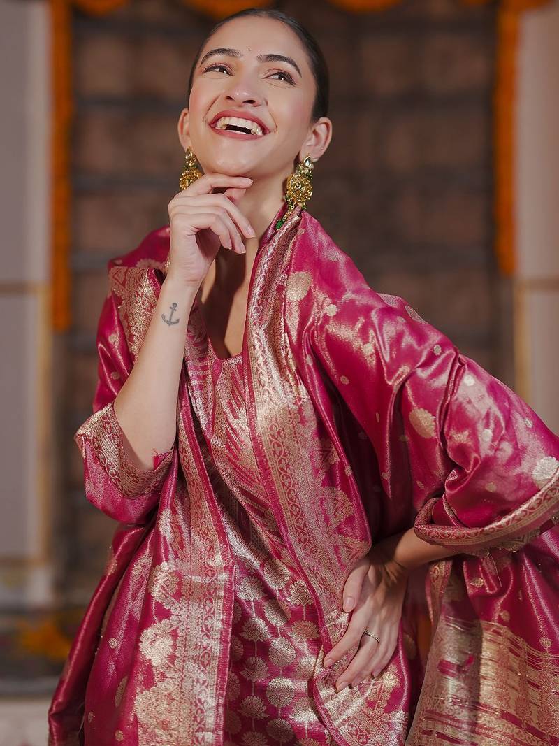 Ethnic Motifs Woven Design Straight Kurta with Trousers & With Dupatta