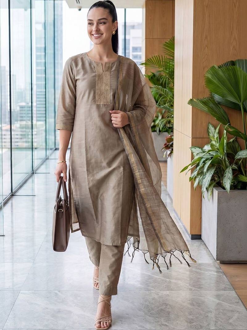 Women Thread Work Kurta with Trousers & With Dupatta