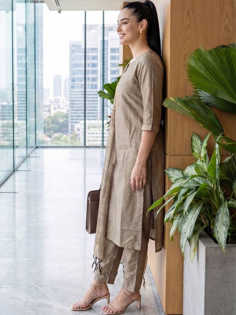 Women Thread Work Kurta with Trousers & With Dupatta