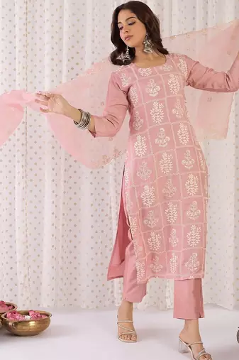 Women Ethnic Motifs Embroidered Thread Work Kurta with Trousers & With Dupatta