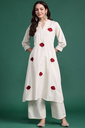 Floral Embroidered Thread Work Cotton Kurta with Palazzos