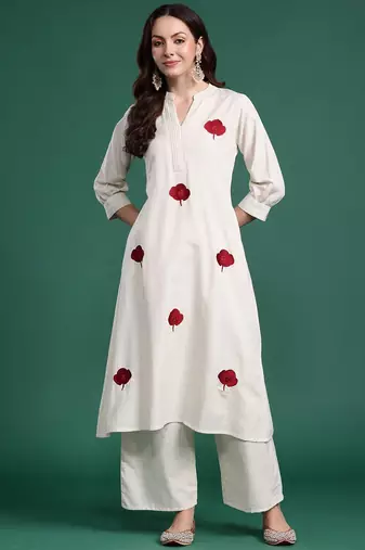 Floral Embroidered Thread Work Cotton Kurta with Palazzos