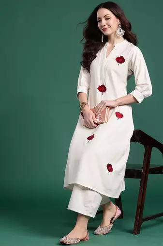 Floral Embroidered Thread Work Cotton Kurta with Palazzos